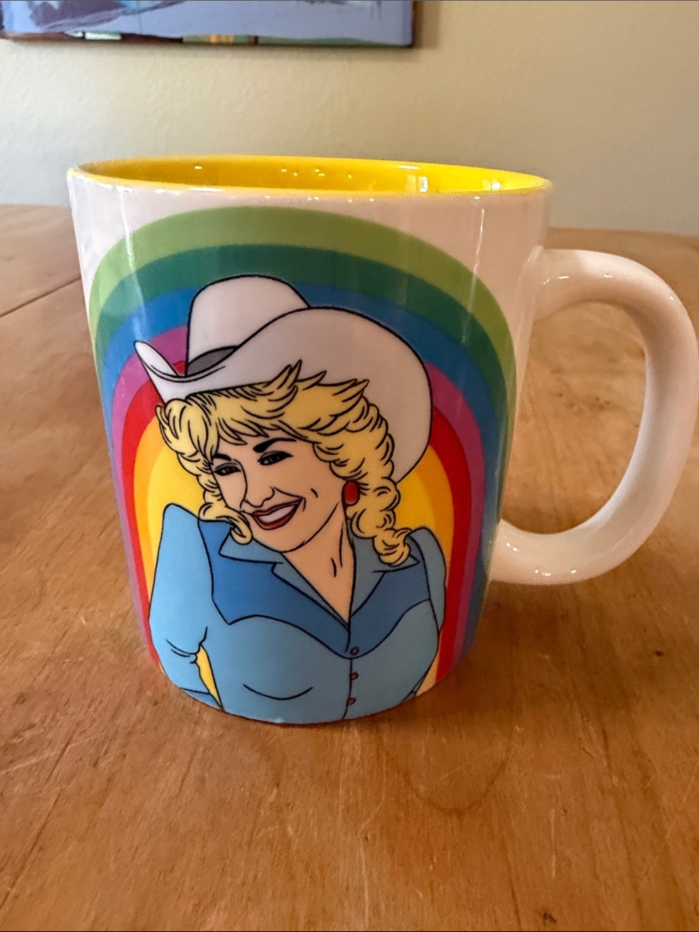 Colorful Retro Dolly Parton Ceramic Mug - Yellow Interior rainbow